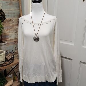 Michael Kors Ivory White Lightweight Sweater with Metal Eyelet Accents Size XL